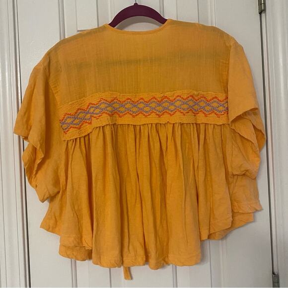 FREE PEOPLE • Gold Market Embroidery Trim Tassel Toe V-Neck Short Sleeve Top - Picture 8 of 8